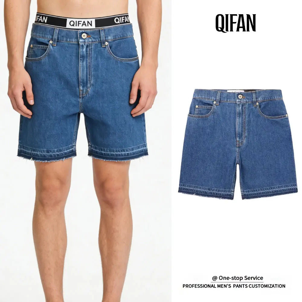 Custom Straight Leg Raw Hems Jeans Wash Frayed Denim Shorts for Men