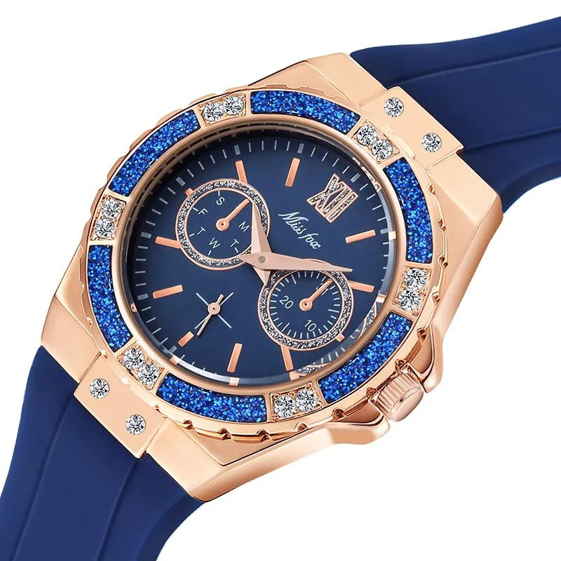Miss Fox Women's Watches Luxury Fashion 2593 Diamond Rose Gold Chronograph Pink Rubber Band Ladies Watches Quartz Wristwatches