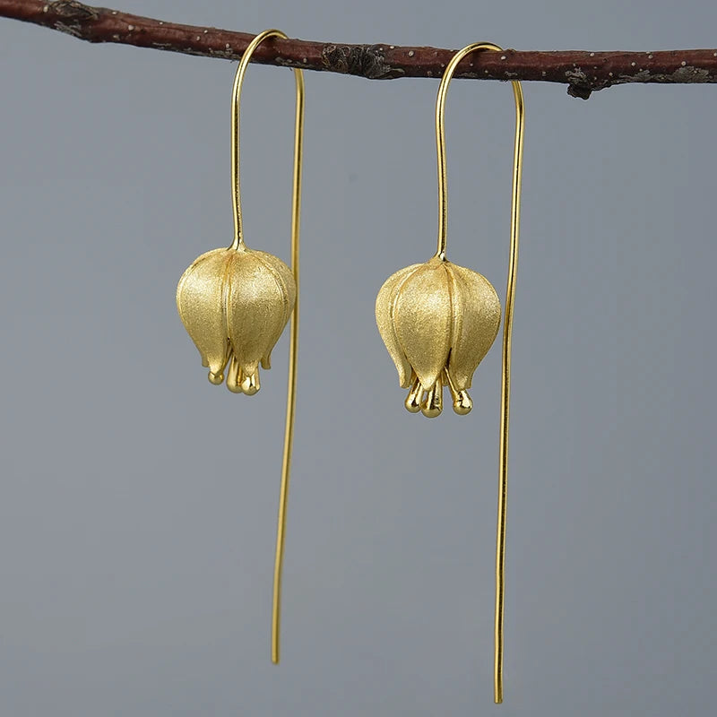 Real 925 Pure Sterling Silver Tulip 18k Flower Drop Earrings Fine Jewelry