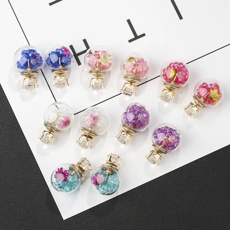 Ladies Exquisite Earrings  Double Sided 8 MM CZ & 16 MM Crystal Candy Ball Stud Post Earrings