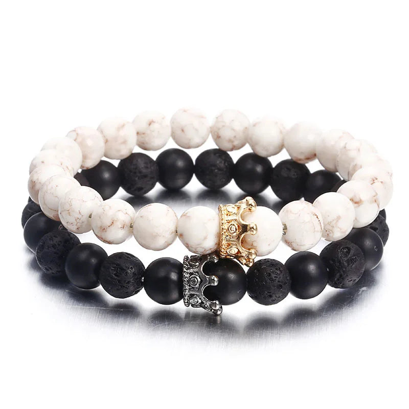 Natural Healing Stacking Howlite lava Stone Beads Beaded Crown Healthy Slimming Adjustable Bracelet Set Women Jewelry Bracelets