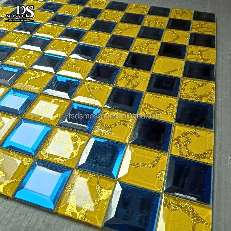 Yellow and Blue Color Square Shape Self Adhesive Bevel Backsplash Wall Tile Mirror Glass Tiles Mosaic