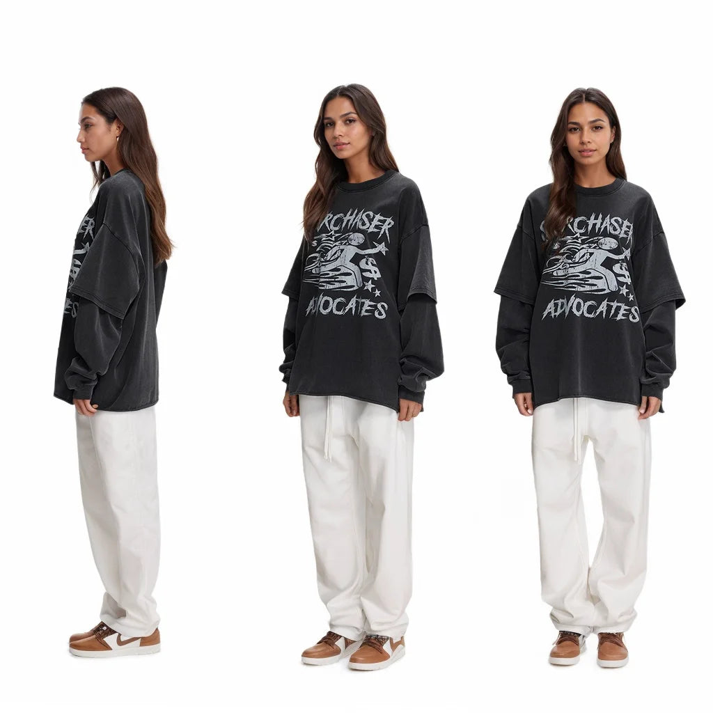 Custom 100% Cotton Men's Oversized T-Shirt Acid Washed Double-Layer Long Sleeve with Vintage Graphic DTG Printing