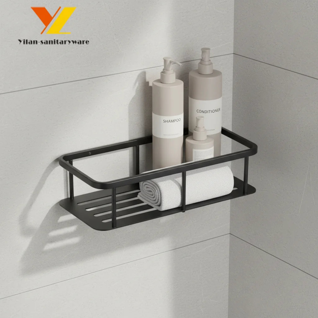 Modern Style Matt Black Stainless Steel Eco-Friendly Durable Single Tier Rectangle Soap Basket Rustproof Corner Shower Hotel