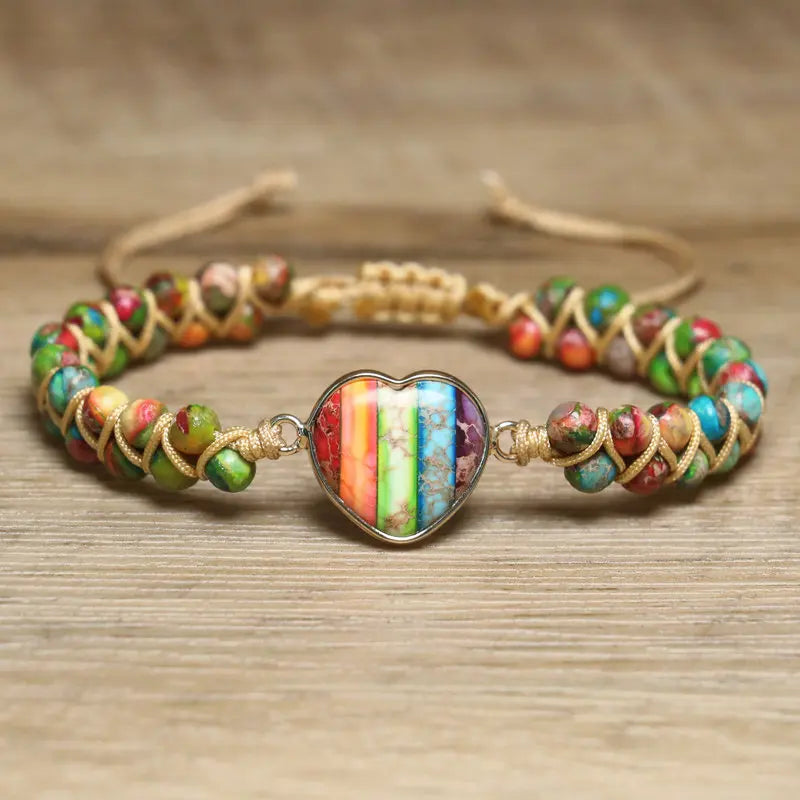 Newest Imperial Jasper Bracelet for Women Jewelry Spiritual Heart Charm Handwoven Adjustable Dainty Chakra Bracelet