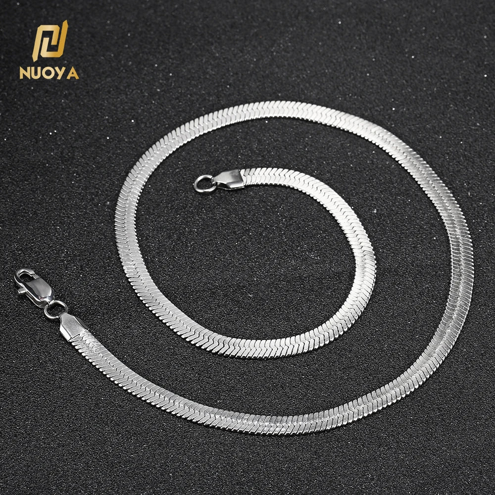 NUOYA Hip Hop Silver Chain Herringbone Necklace Flat Stainless Steel Snake Chain Choker Necklace Fine Jewelry Gift for Men