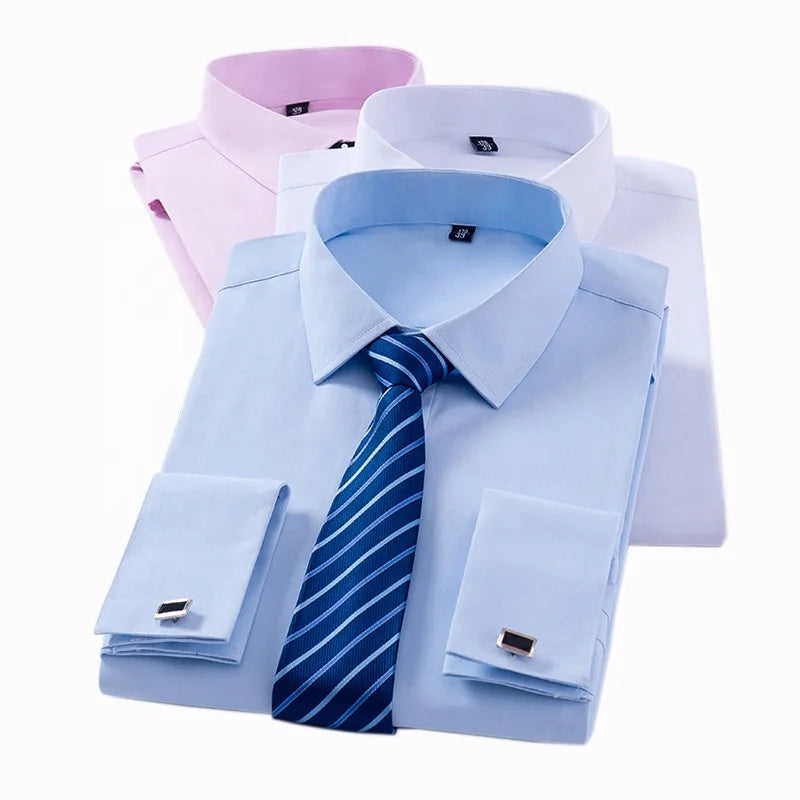 Men's Classic French Cuff Dress Shirts Long Sleeve No Pocket Tuxedo Male Shirt With Cufflinks Formal Party Wedding White Blue