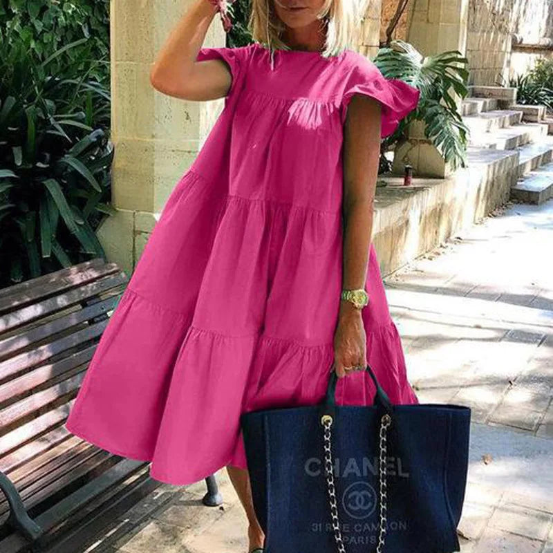 Women Dresses Loose Casual  Round Neck Short Sleeve