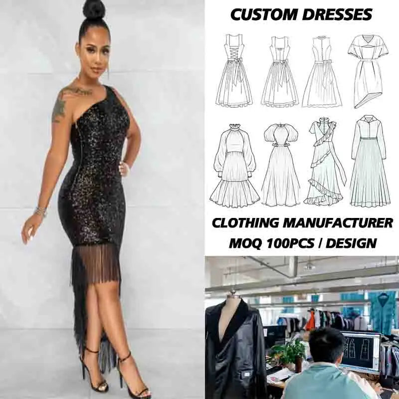Wholesale Breathless Fashionable Sleeveless Sequin Slanted Collar One Shoulder Irregular Split Flow Beard Maxi Dress