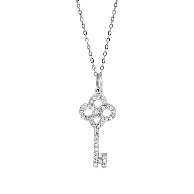 INS Creative Simple Pure 925 Sterling Silver Luxury Shiny CZ Zircon Key Shaped Pendant Necklace for Women Girls Jewelry