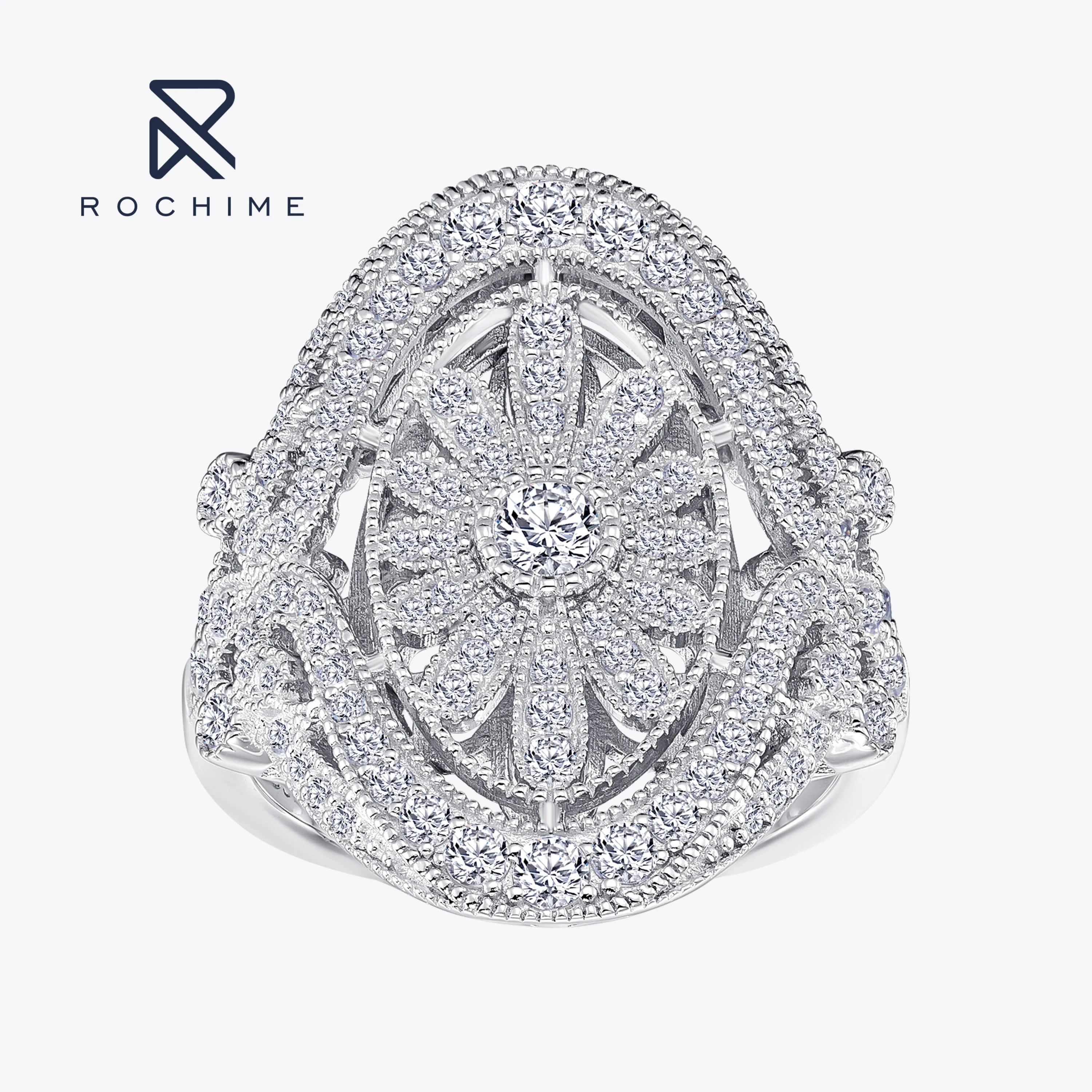 Rochime Luxury Design  Shiny Iced Out Diamond Zircon Rings 925 Silver Jewelry  Ring