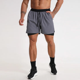 Men 2 in 1 Gym Shorts Men Zip Pockets Fitness Bodybuilding Dry Fit Sports Shorts Men Jogger Liner Shorts