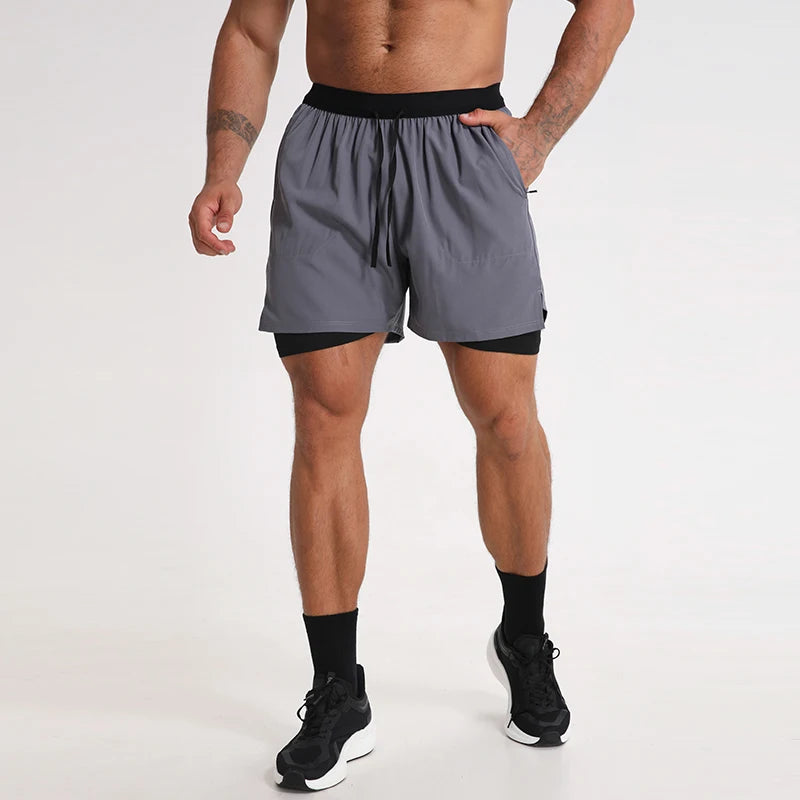 Men 2 in 1 Gym Shorts Men Zip Pockets Fitness Bodybuilding Dry Fit Sports Shorts Men Jogger Liner Shorts