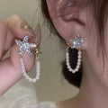 925 Silver Needle Pearl Light Luxury Micro-set Zircon Pearl Tassel Earrings Crystal Bling Full Rhinestone Crystal Earring