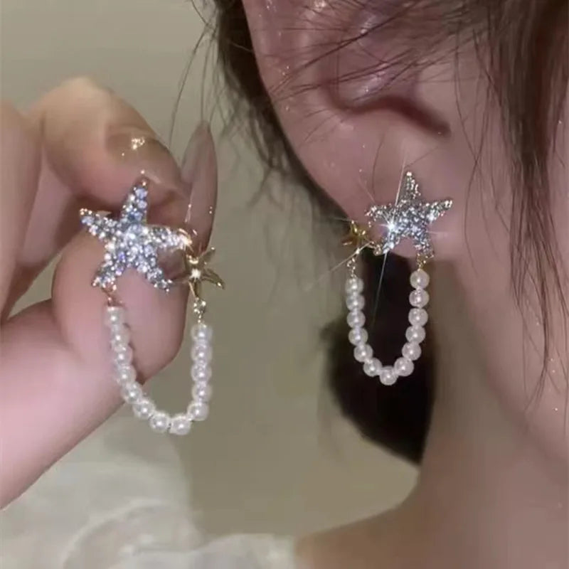 925 Silver Needle Pearl Light Luxury Micro-set Zircon Pearl Tassel Earrings Crystal Bling Full Rhinestone Crystal Earring