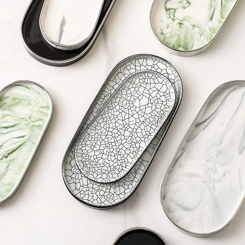 Light Luxury Eco-Friendly Ceramic Minimalist Oval Plate Pattern Type Plant Decorative Tray for Bathroom Countertop Hotel