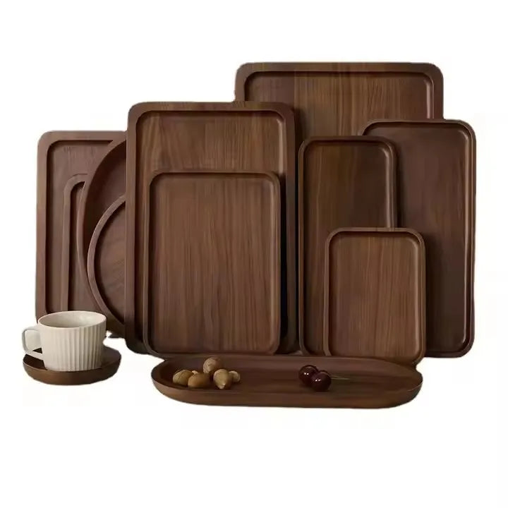 Solid Wood Tea Fruit Tray Serving Trays Custom Black Walnut Wooden Rolling Tray for Dinnerware Household Bardex Bard Plate