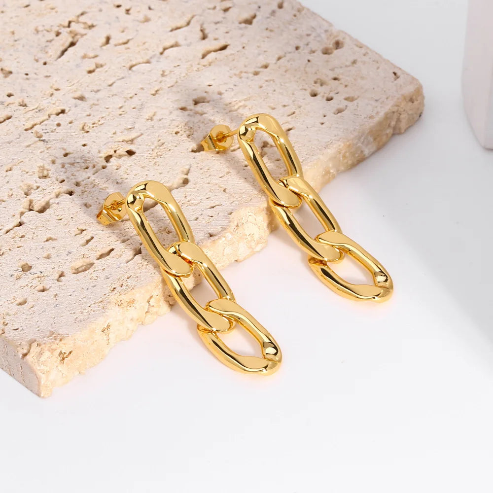 Factory Wholesale Stainless Steel Minimalist Cuban Chain 18K Gold Plated Polished Earrings for Party