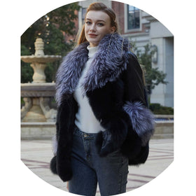 Women Warm Genuine Real Sheep Leather Luxury Silver Fox Fur Coat