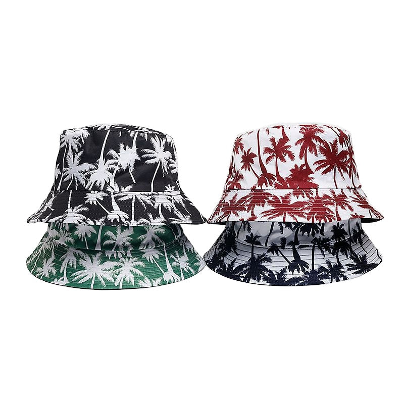 Outdoor Travel Sun Visor Beach Coconut Tree Leaf Printed Bucket Hat Reversible Fisherman Cap for Women Men