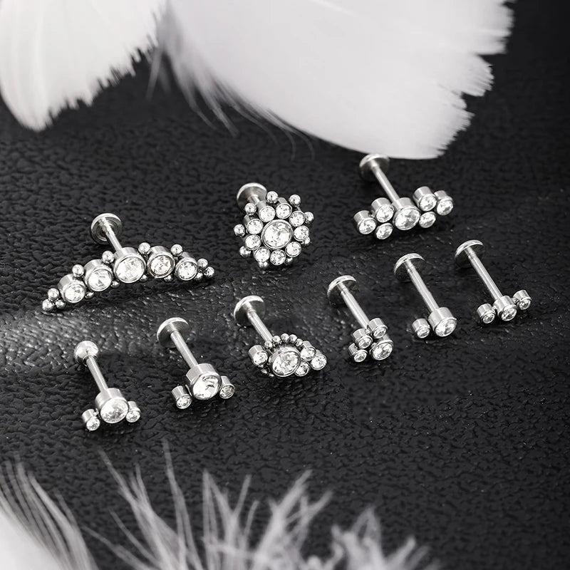 POENNIS Stainless Steel Silver Plated Cheek Piercing Ear Tragus Helix Insert Labret CZ Earrings Stud Flat Back Body