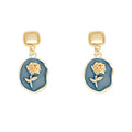 925 Silver Needles Geometric Square Stud Earrings Orecchini Di Fiori Vintage Blue Rose Flower Earrings for Women