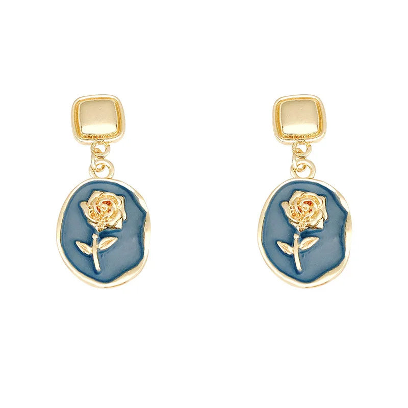 925 Silver Needles Geometric Square Stud Earrings Orecchini Di Fiori Vintage Blue Rose Flower Earrings for Women