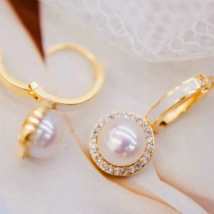 18K Gold Plated Natural Freshwater Pearl Earrings with Microembedded Zircon AAAA Grade White Pearl Ear Buckle