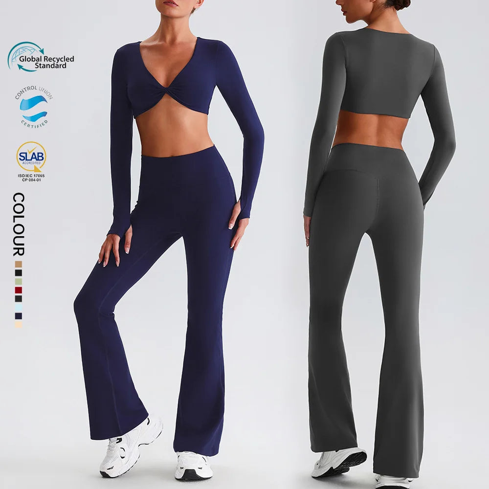 SHINBENE Recycled Polyester Women's Workout 2Pcs Set Twist Long Sleeve and Flare Leggings Gym Fitness Sets