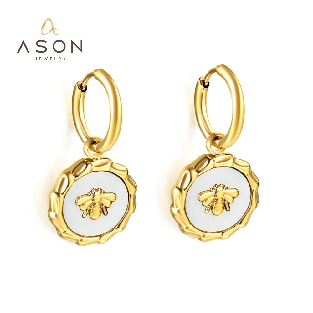 Ason Jewelry Wholesale Korean Fashion Shell Bee Drop Earrings Women Gold Hypoallergenic Stainless Steel Designer Hoop Earrings