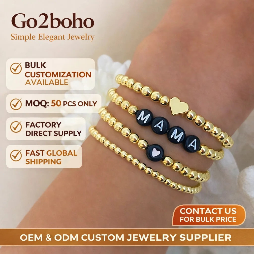 Go2Boho 4pcs/5pcs 18K Gold Plated Handmade Beaded Bracelet Unisex MAMA Letter Bohemian Heart Stackable Jewelry Anniversary