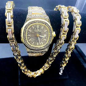 Latest Vintage Gold Stainless Steel Chains Watch Set 3pcs Men Women's Bracelet Necklaces Jewellery Glass Dial Fashion Reloj