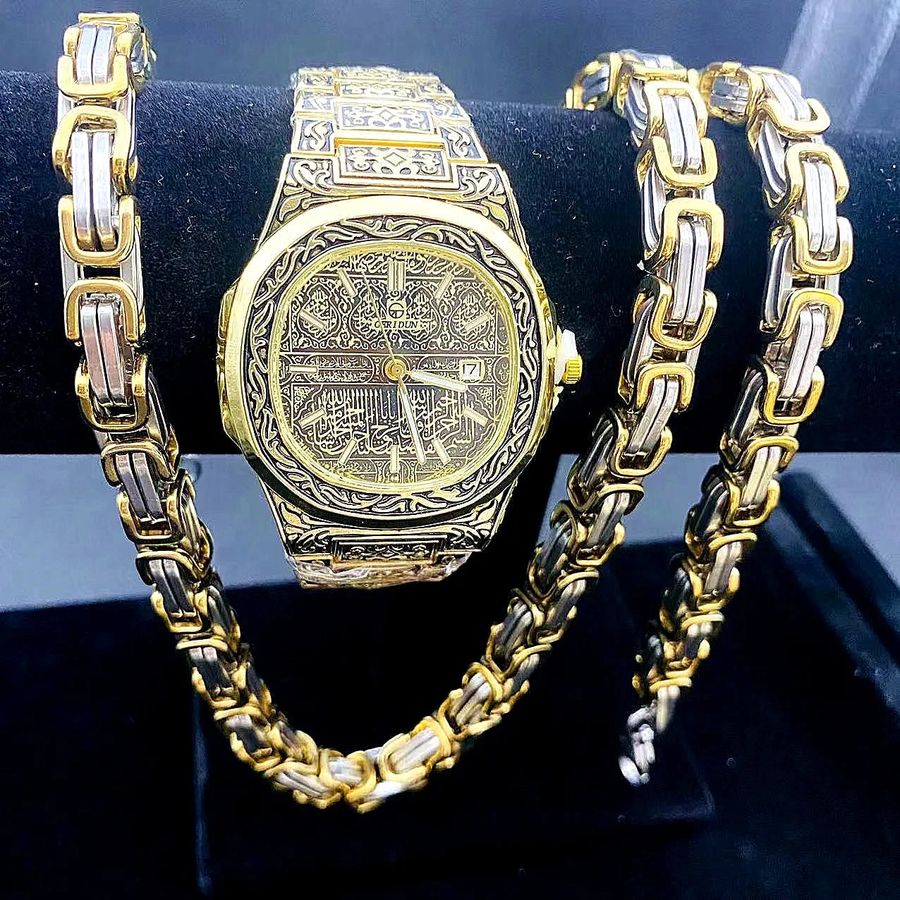 Latest Vintage Gold Stainless Steel Chains Watch Set 3pcs Men Women's Bracelet Necklaces Jewellery Glass Dial Fashion Reloj