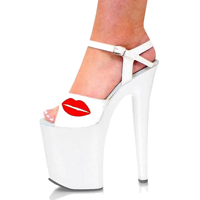 New White Thin Heel 20 cm Sexy Red Lip High Heel Leaky Toe Sandals Pole Dance Stripper Fashion Sandals