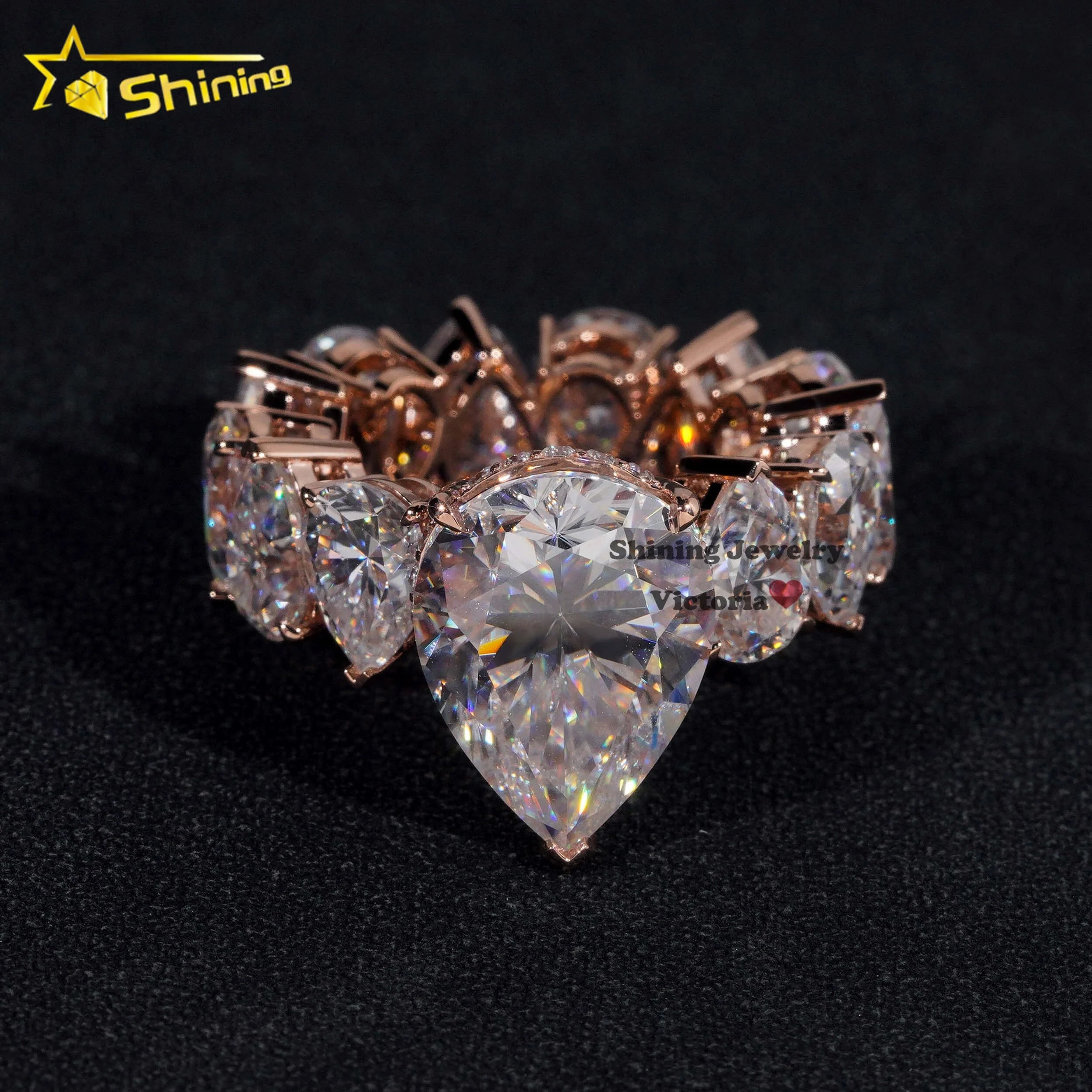 14K Soild Gold Ring Real Rose Gold Luxury Vintage Pear Cut Fully Eternity Moissanite Diamond Engagement Band Ring for Women