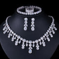 Delicate Leaf Shaped Drop Earrings Tassel Necklace Ring Bracelet Set Jewelry Luxury CZ Shiny Silver Plated Women Wedding Brides