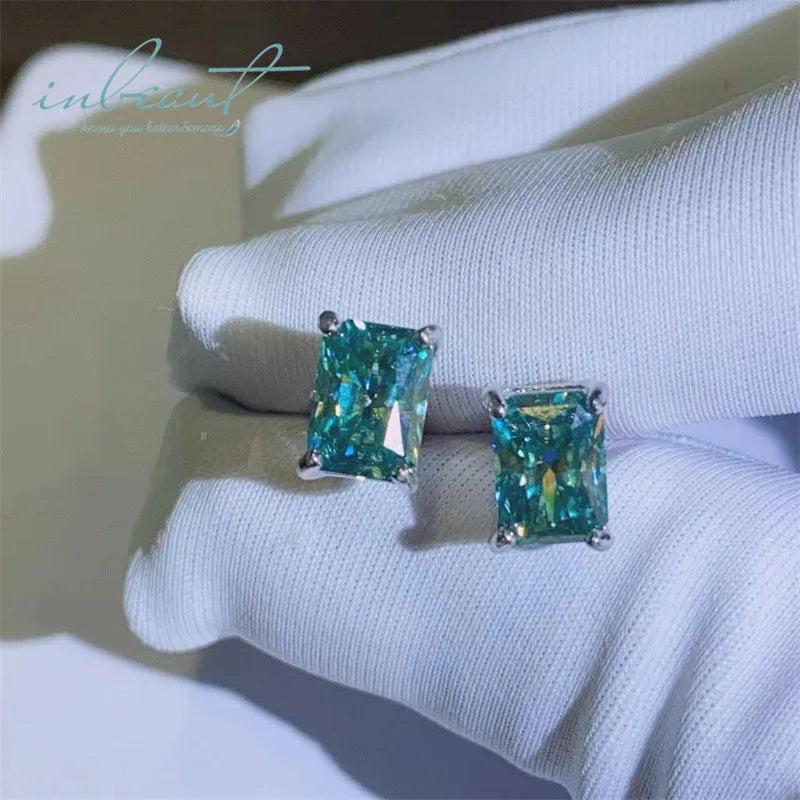 Silver 925 Original Total 2-4 Carat Radiant Cut Diamond Test Past Sparkling Blue Green Moissanite Stud Earrings Gemstone Jewelry