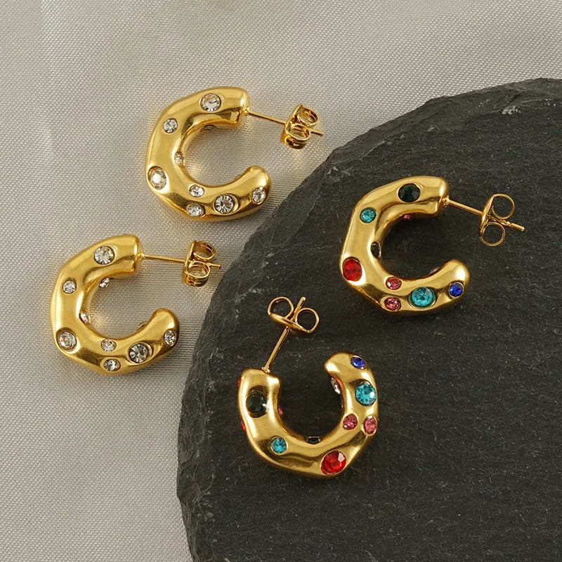 Nabest Women 18K Gold Plated Cc Statement Zirconia Colorful Stud Earrings Fashion Jewelry Stainless Steel Earrings