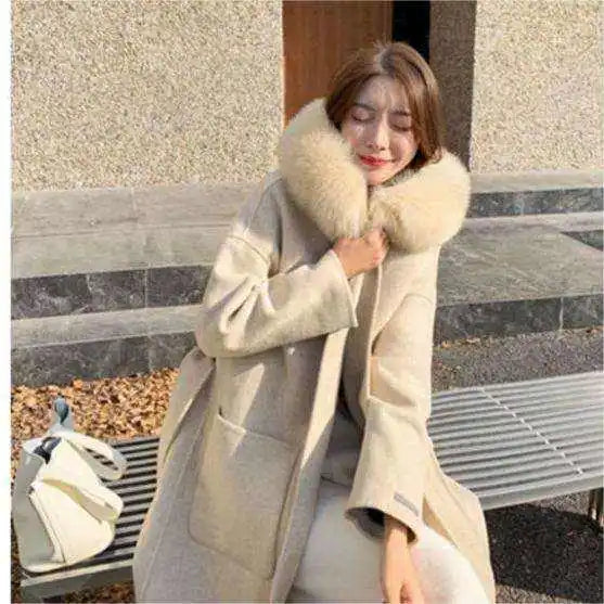Women Winter Real Wool Cashmere Abrigo De Lana Wool Coat in Real Fur Manteau De Laine Cashmere Wool Coat in Real Fur