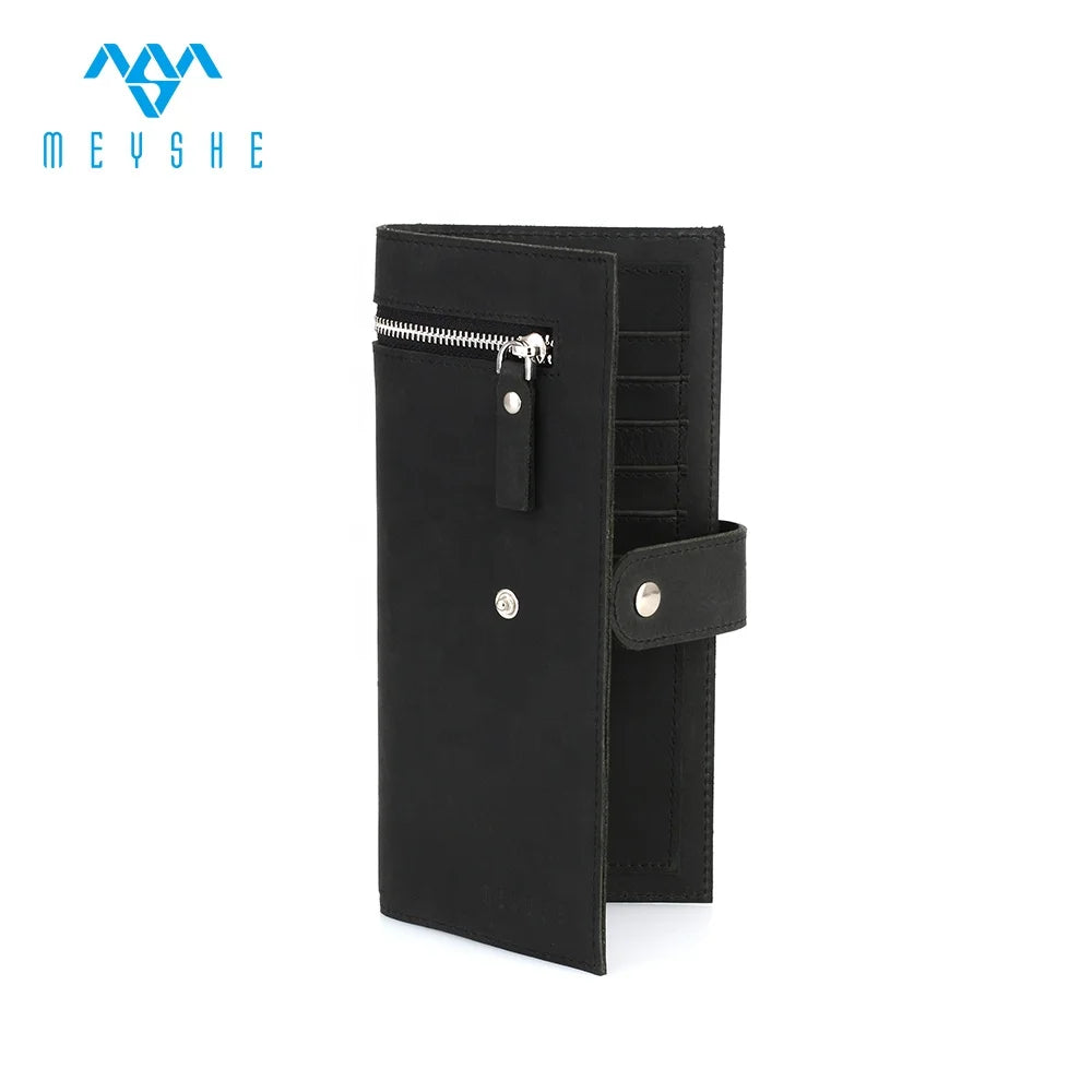 Factory Price Black Crazy Horse Genuine Leather Men's Zipper & Hasp Closure RFID Blocking Purse Long Wallet Card Holder MEYSHE