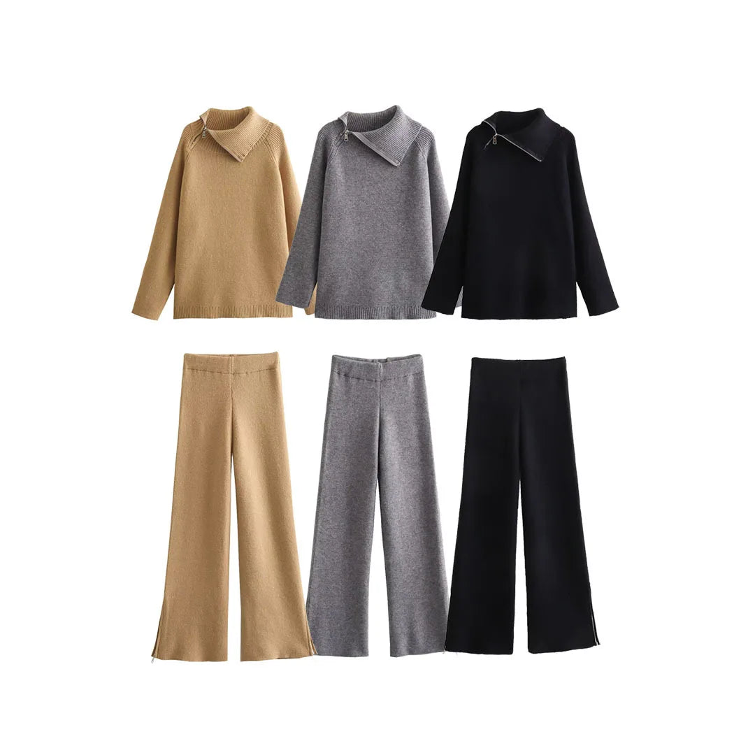 Ladies Turtleneck Pullover Sweater Top Pants Two Piece Knit Set Women Knitted Loungewear Set