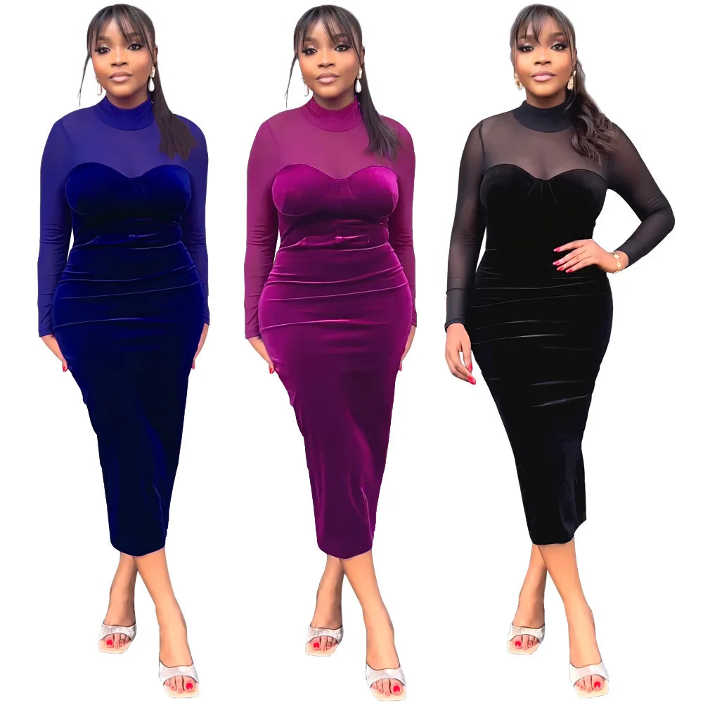 Hot Selling Women Dress Casual Lady Elegant Long Sleeve Mesh Long Velvet Dress Spliced Slim Bodycon Women Dress