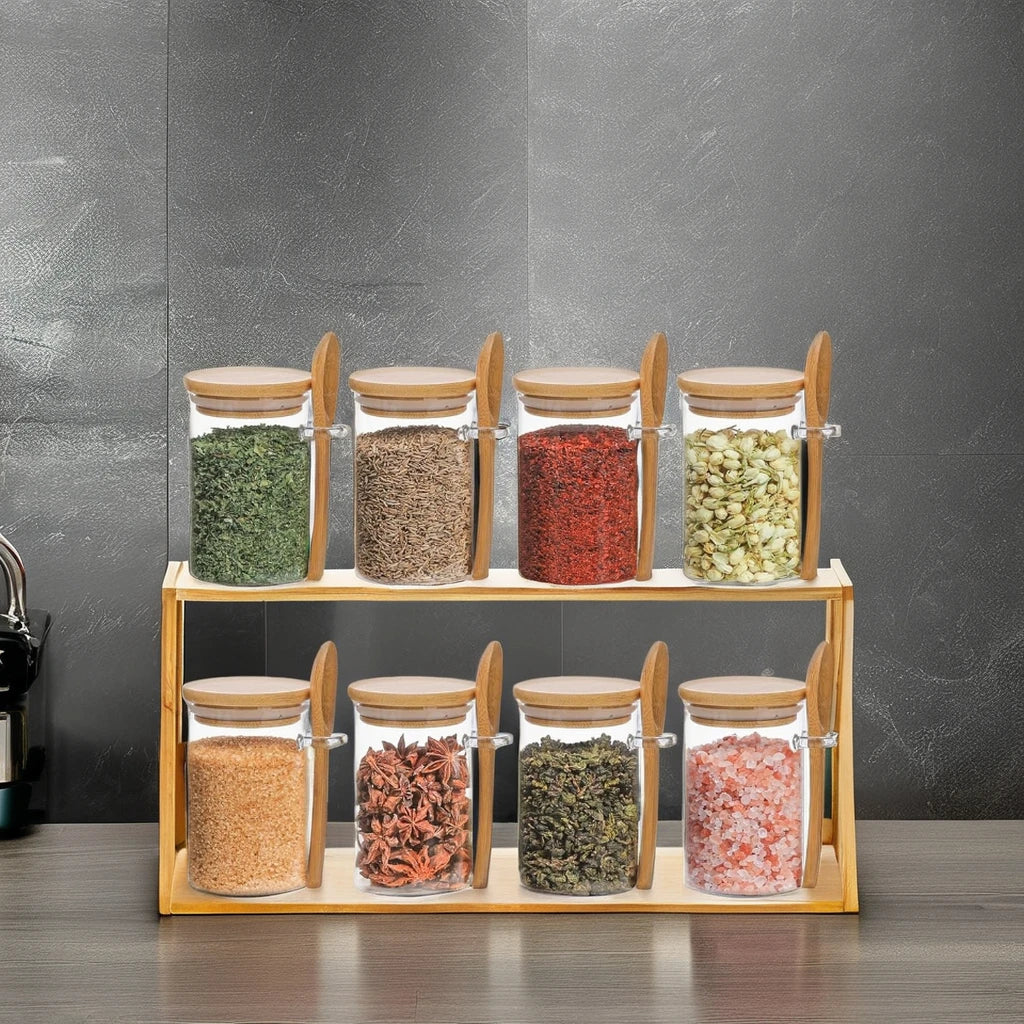 YOLOWE HOME 280ML Glass Canisters Bamboo Lids Spoons Coffee Containers Kitchen Accessories Spice Beans Tea Sugar Food Storage