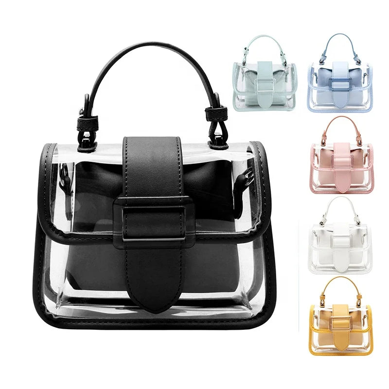 Fashion Lady Waterproof Portable Transparent Canvas Messenger Crossbody Handbag with Cover Closure and Adjustable Strap
