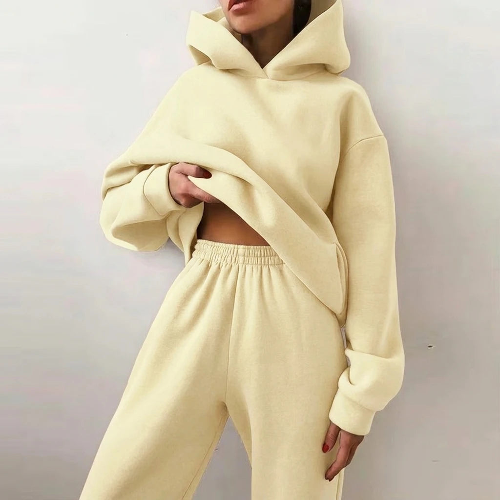 Custom logo Oversize  Hoodie Set Women Wholesale Cotton Fleece Two Piece Hoodie and Sweatpants Set for Women