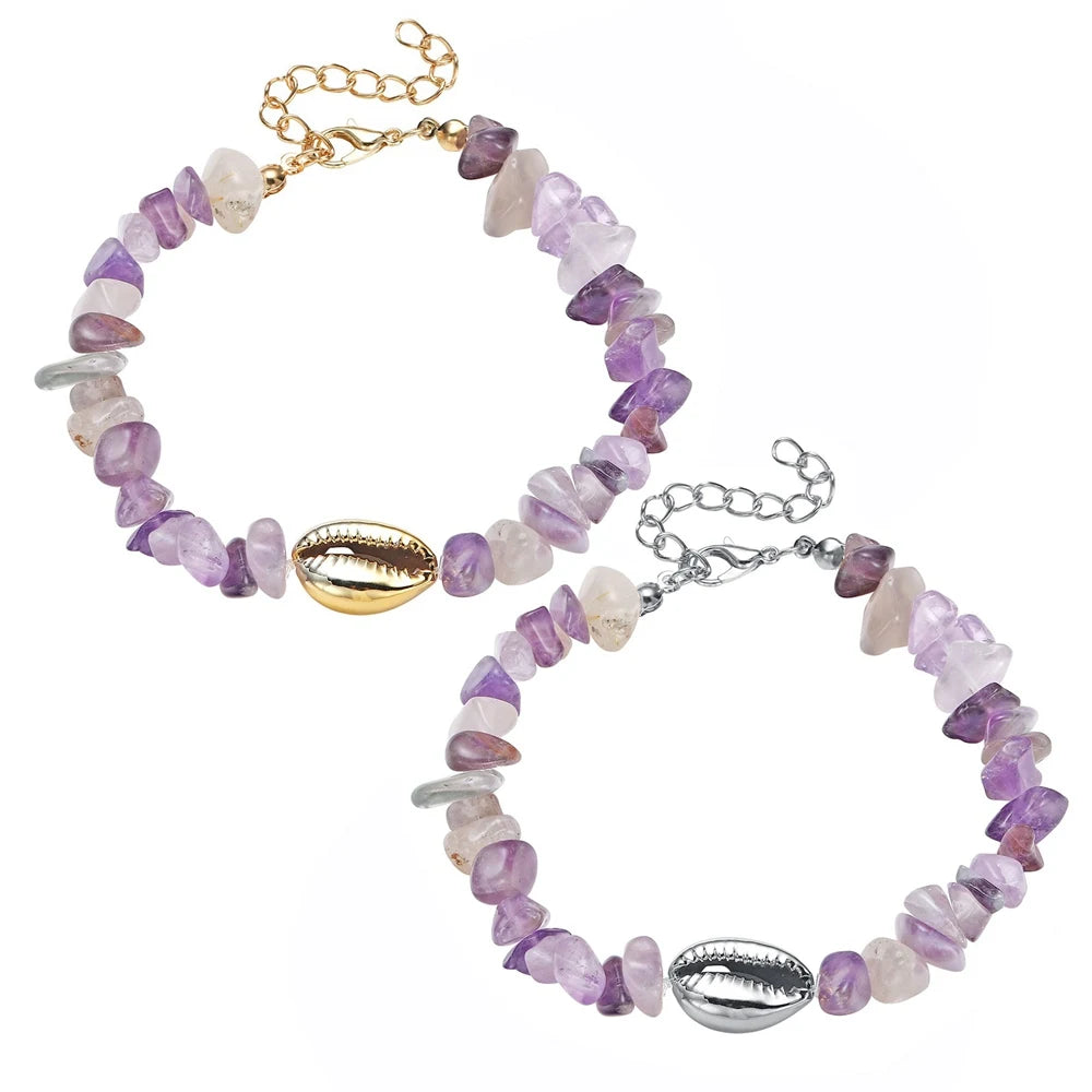 Crystal Shell Bracelets Set Natural Chip Gemstone Irregular Raw Beads Bangle for Women Girls