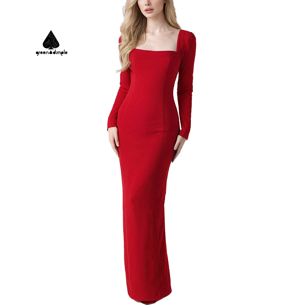 Custom Dress Manufacturer Elegant Rose Red Bodycon Long Sleeve Casual Dress Women Red Elegant Ladies Long Dress