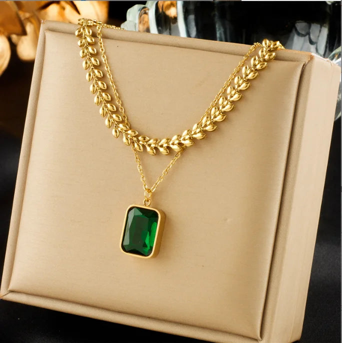 Stainless Steel Square Luxury Green Crystal Zircon Pendant Necklace for Women Fashion Multilayer Choker Chains Jewelry