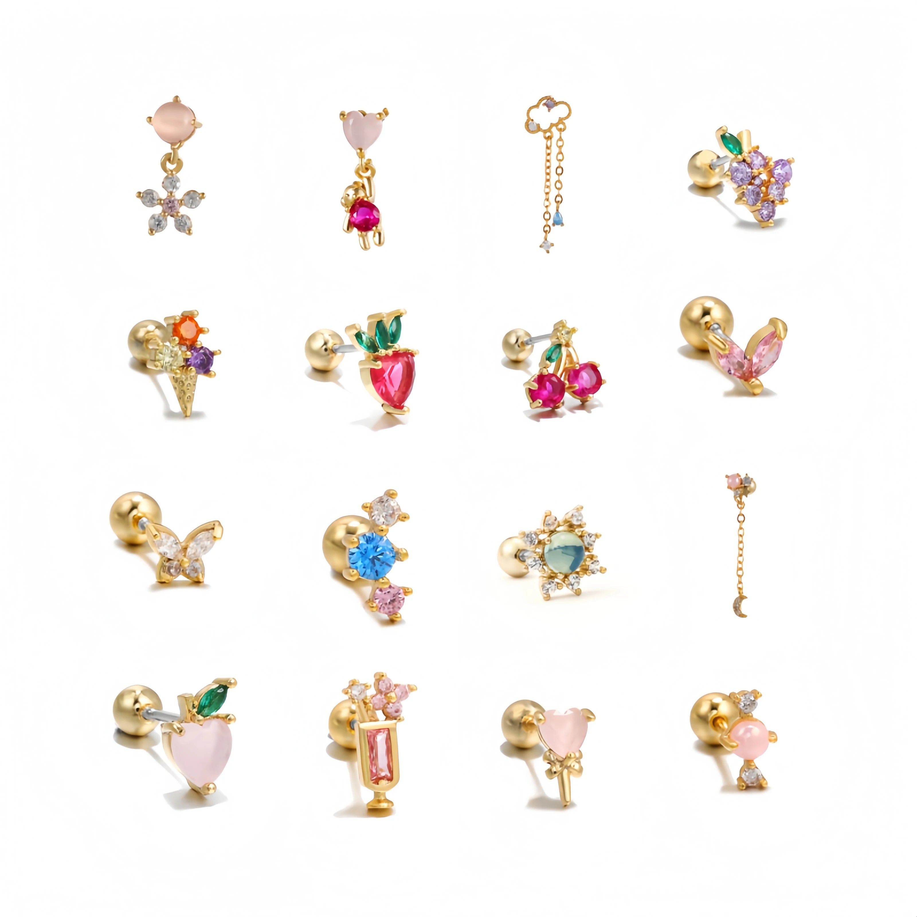 Women Puncture Twist Ball Ear Bone Stud 18k Gold Brass Earrings Exquisite Colorful Zircon Girl Cute Style Stud Earrings
