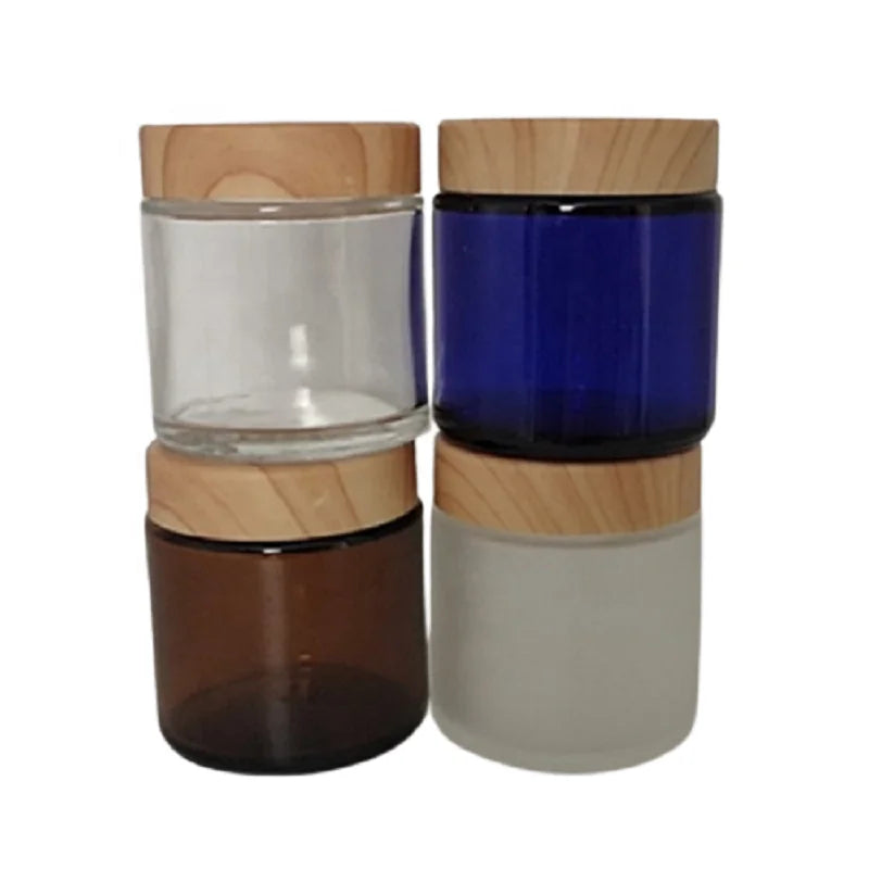 Empty 100G Glass Cream Jar Clear Frosted Blue Amber Face Cream Jar Packaging Not Real Wood Lid Mudpack Cosmetic Cream Container